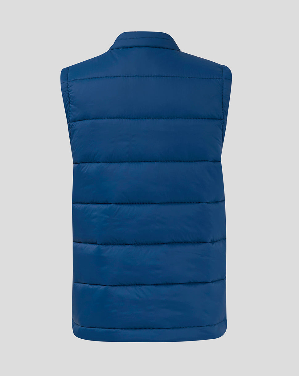 Back view of navy Rangers Junior Core Fan Gilet with horizontal quilting