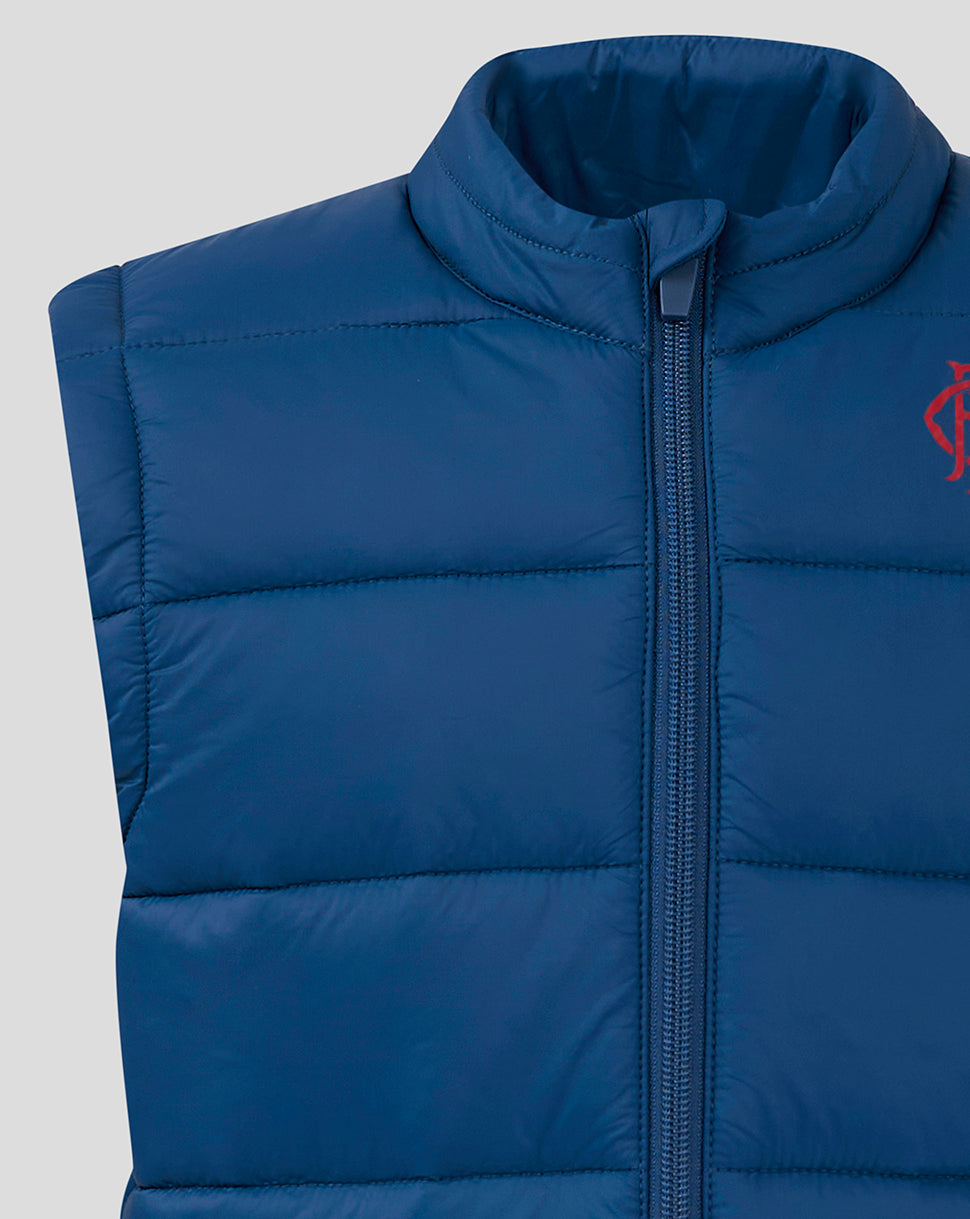 Detail shot of navy padded gilet highlighting quilting and front zipper.