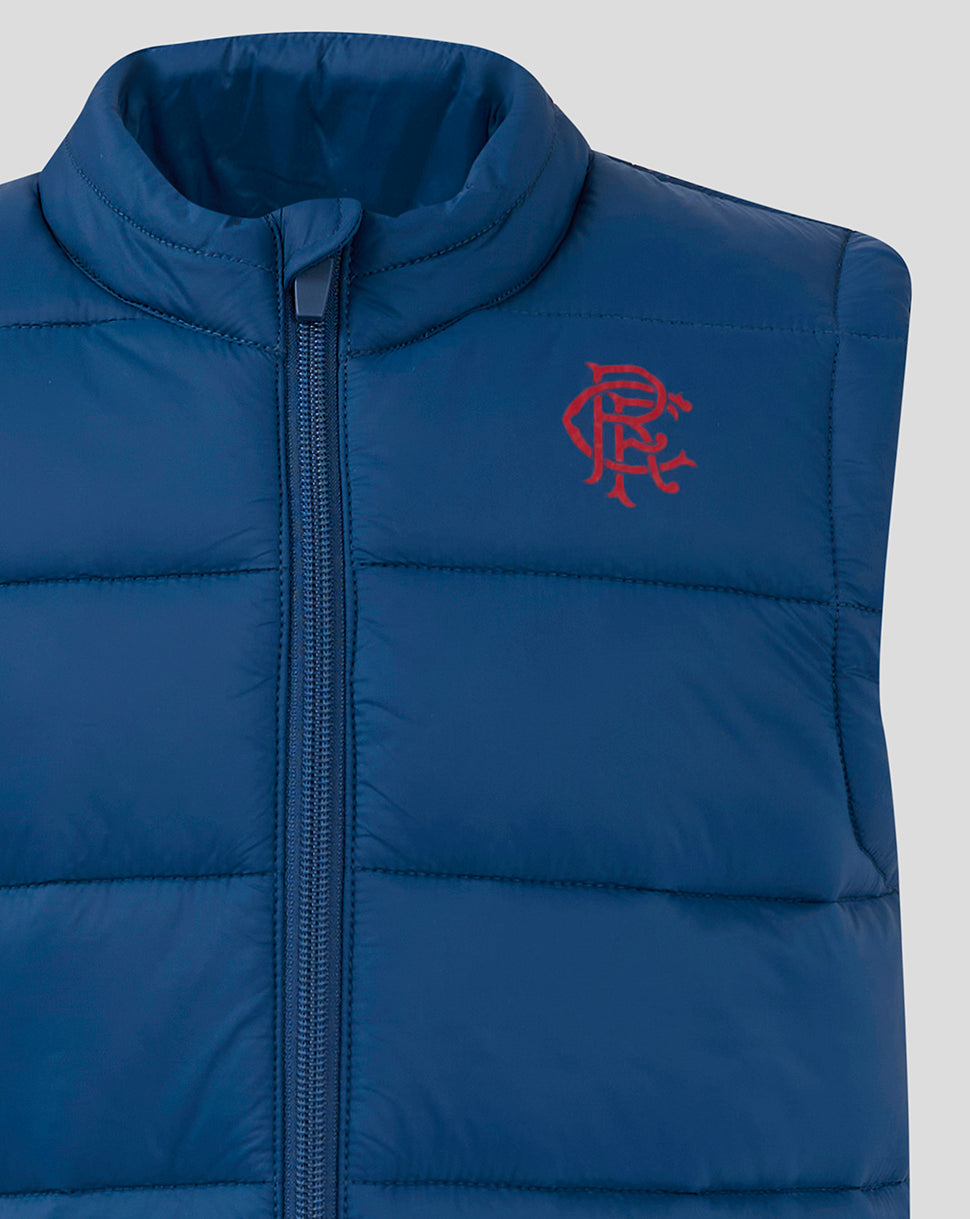 Close-up of navy gilet front showing zip closure and red Rangers logo on the chest.