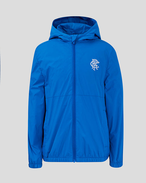 Front view of blue Rangers Junior Core Summer Jacket with hood and left chest crest