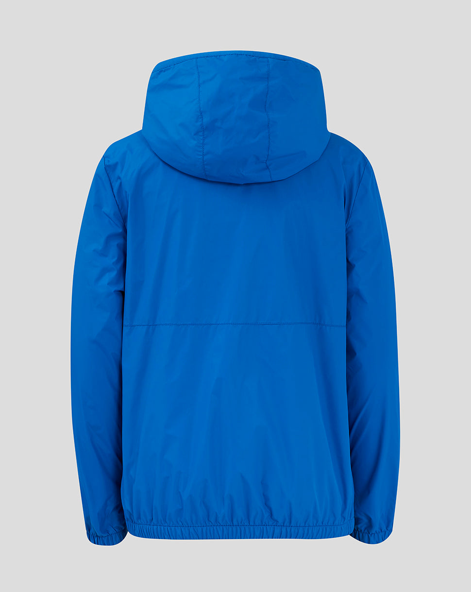 Rear view of blue Rangers Junior Core Summer Jacket with hood and back yoke seam