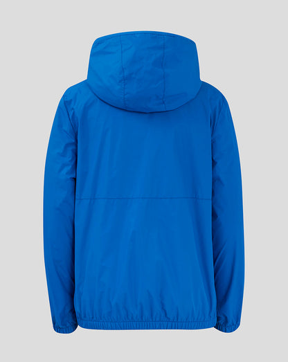 Rear view of blue Rangers Junior Core Summer Jacket with hood and back yoke seam