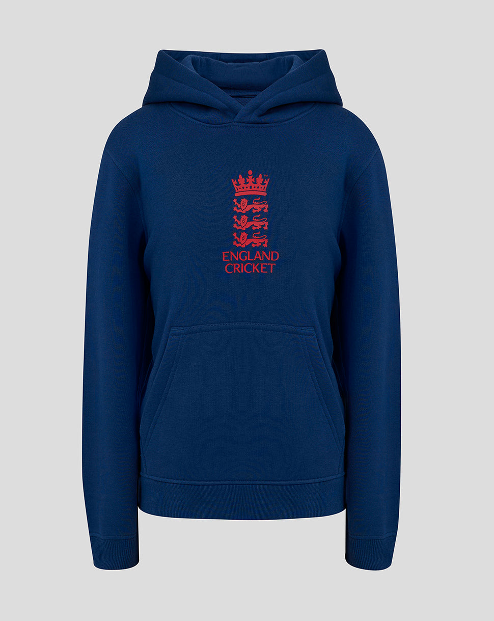 Front view of navy England Cricket junior hoodie with red crest on the chest and a front pouch pocket