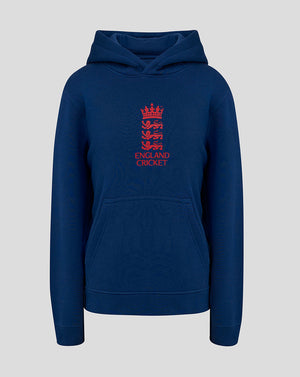 Front view of navy England Cricket junior hoodie with red crest on the chest and a front pouch pocket