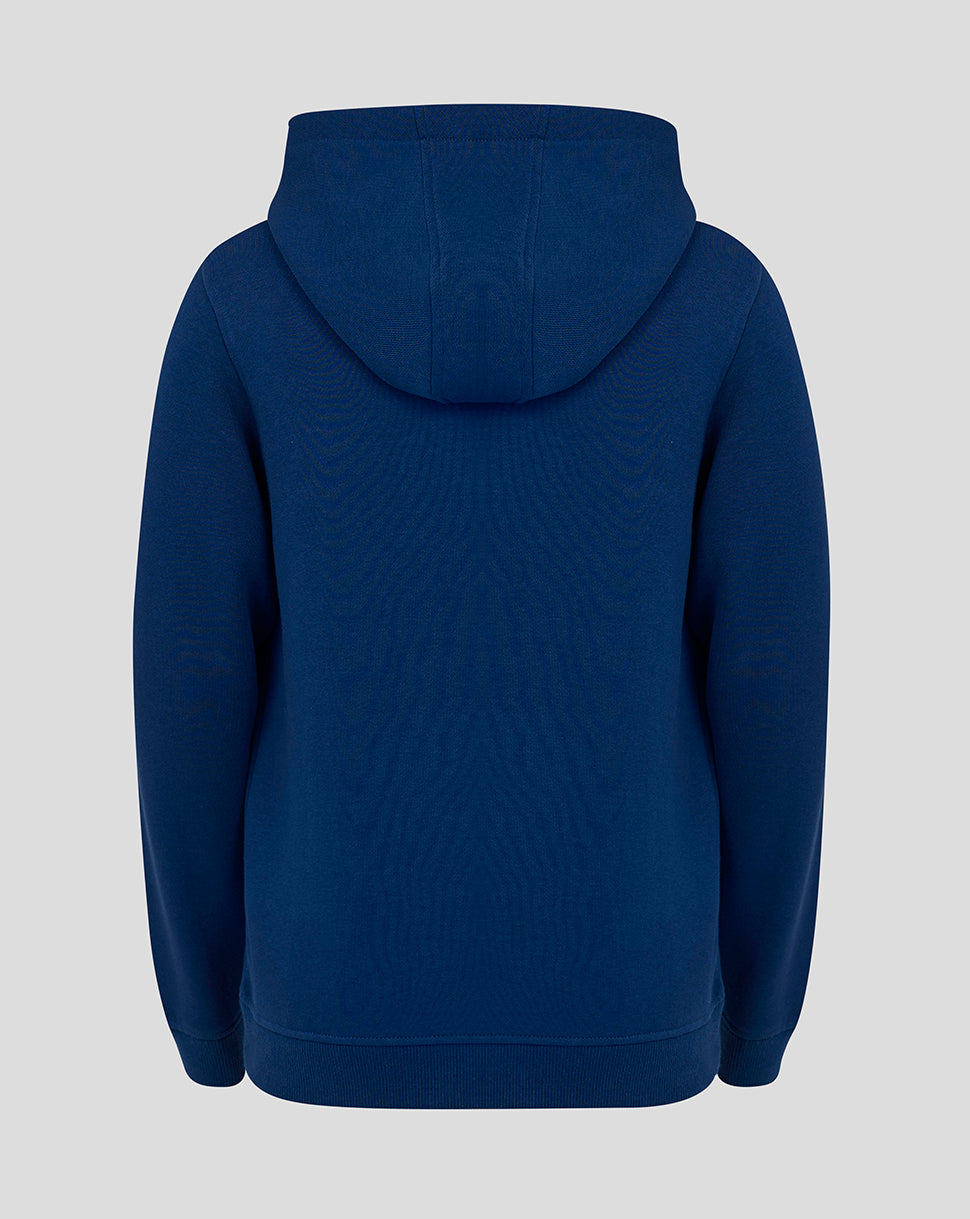 Back view of navy England Cricket junior hoodie with hood and plain back
