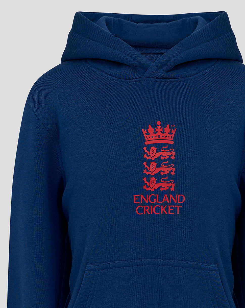 Junior navy England Cricket overhead hoodie with red crest graphic.
