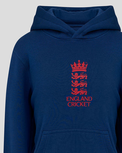 Junior navy England Cricket overhead hoodie with red crest graphic.