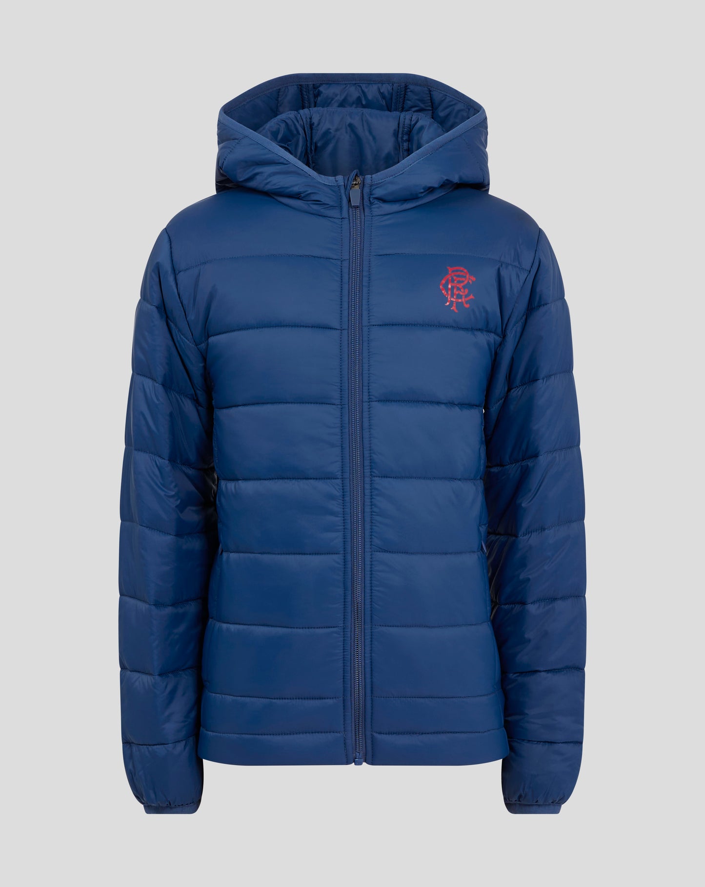 Front view of navy Rangers Junior 24/25 Core Fan Puffer Jacket with hood and red crest on the chest