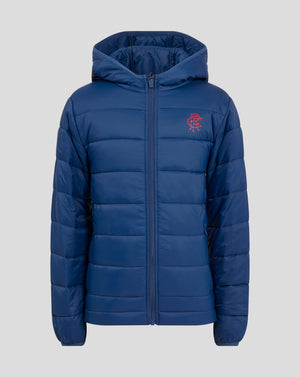 Front view of navy Rangers Junior 24/25 Core Fan Puffer Jacket with hood and red crest on the chest