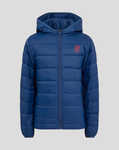 Front view of navy Rangers Junior 24/25 Core Fan Puffer Jacket with hood and red crest on the chest