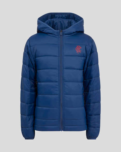 Front view of navy Rangers Junior 24/25 Core Fan Puffer Jacket with hood and red crest on the chest
