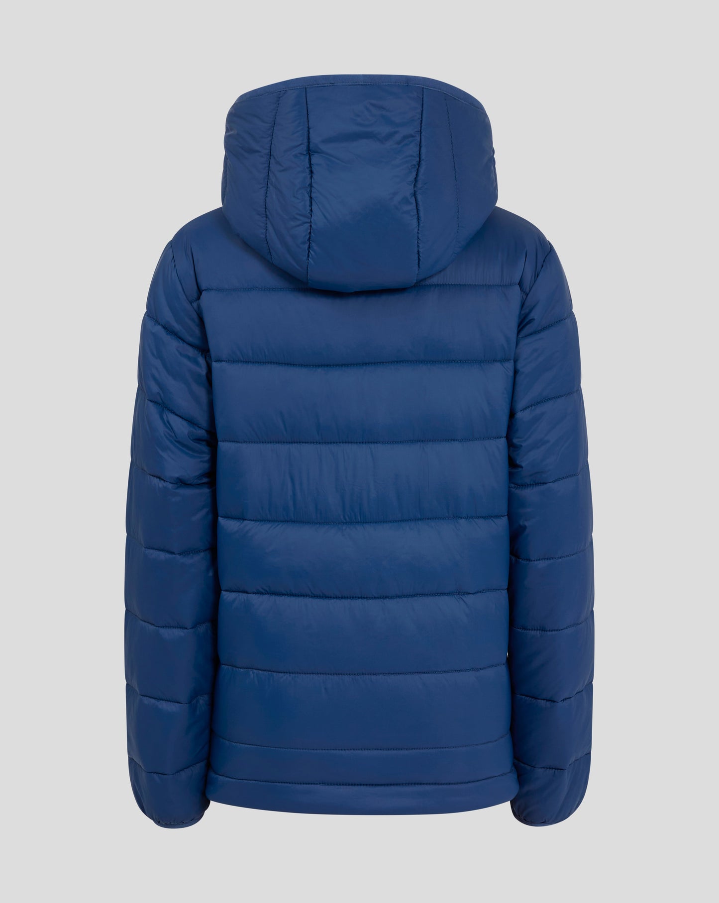 Back view of navy Rangers Junior puffer jacket with hood and horizontal quilting panels