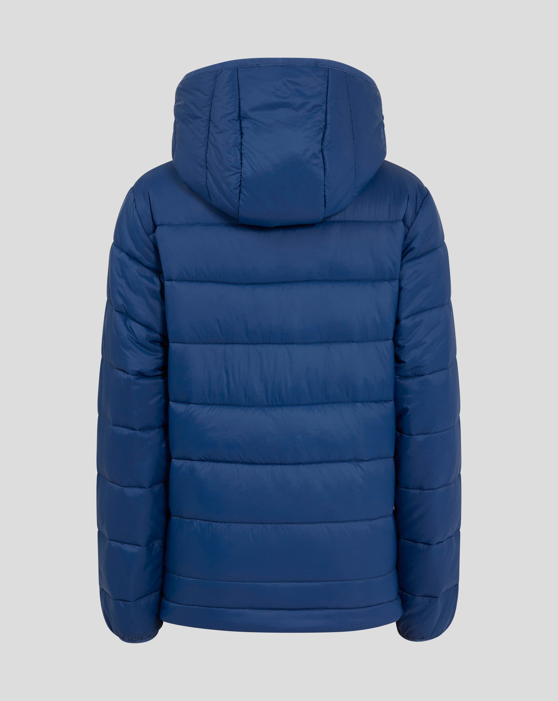 Back view of navy Rangers Junior puffer jacket with hood and horizontal quilting panels