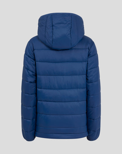 Back view of navy Rangers Junior puffer jacket with hood and horizontal quilting panels
