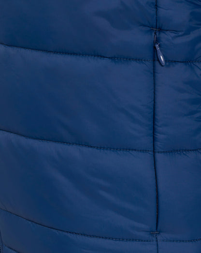 Close up of zipper and quilted panel on navy Rangers Junior core fan puffer jacket
