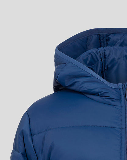 Detail of navy Rangers Junior puffer jacket hood and shoulder area with stitching