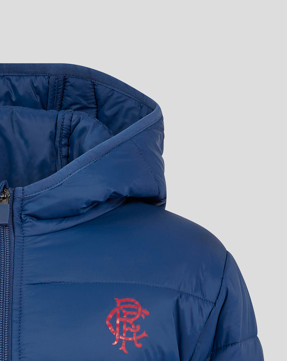 Rangers Junior navy core fan puffer jacket with hood and red emblem on the chest