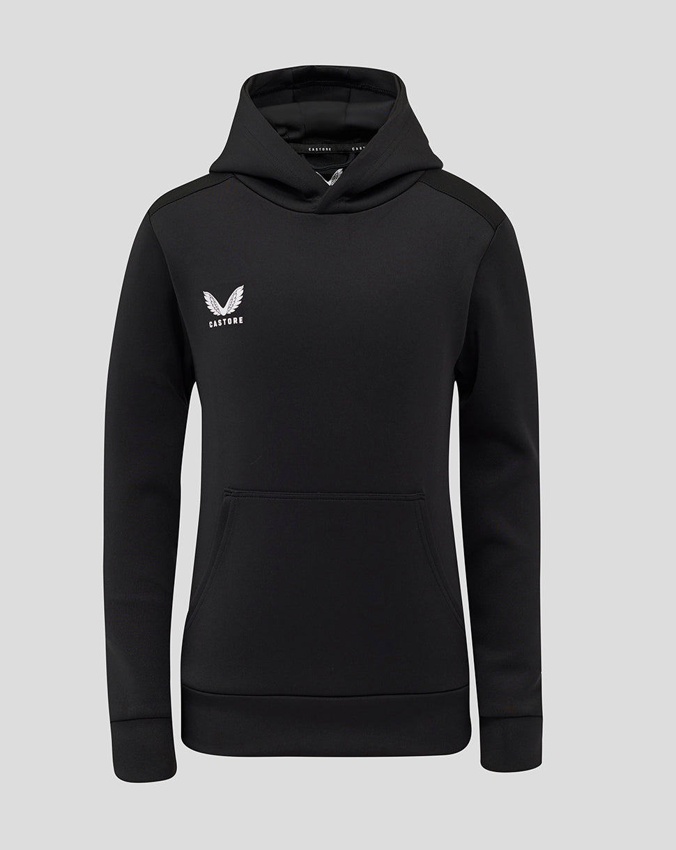 Front view of black junior overhead hoodie with hood, front pocket and white Castore logo