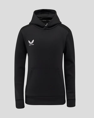 Front view of black junior overhead hoodie with hood, front pocket and white Castore logo