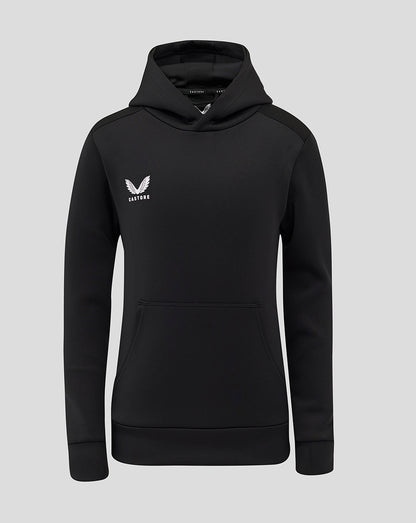 Front view of black junior overhead hoodie with hood, front pocket and white Castore logo