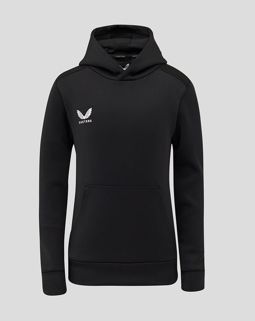 Front view of black junior overhead hoodie with hood, front pocket and white Castore logo