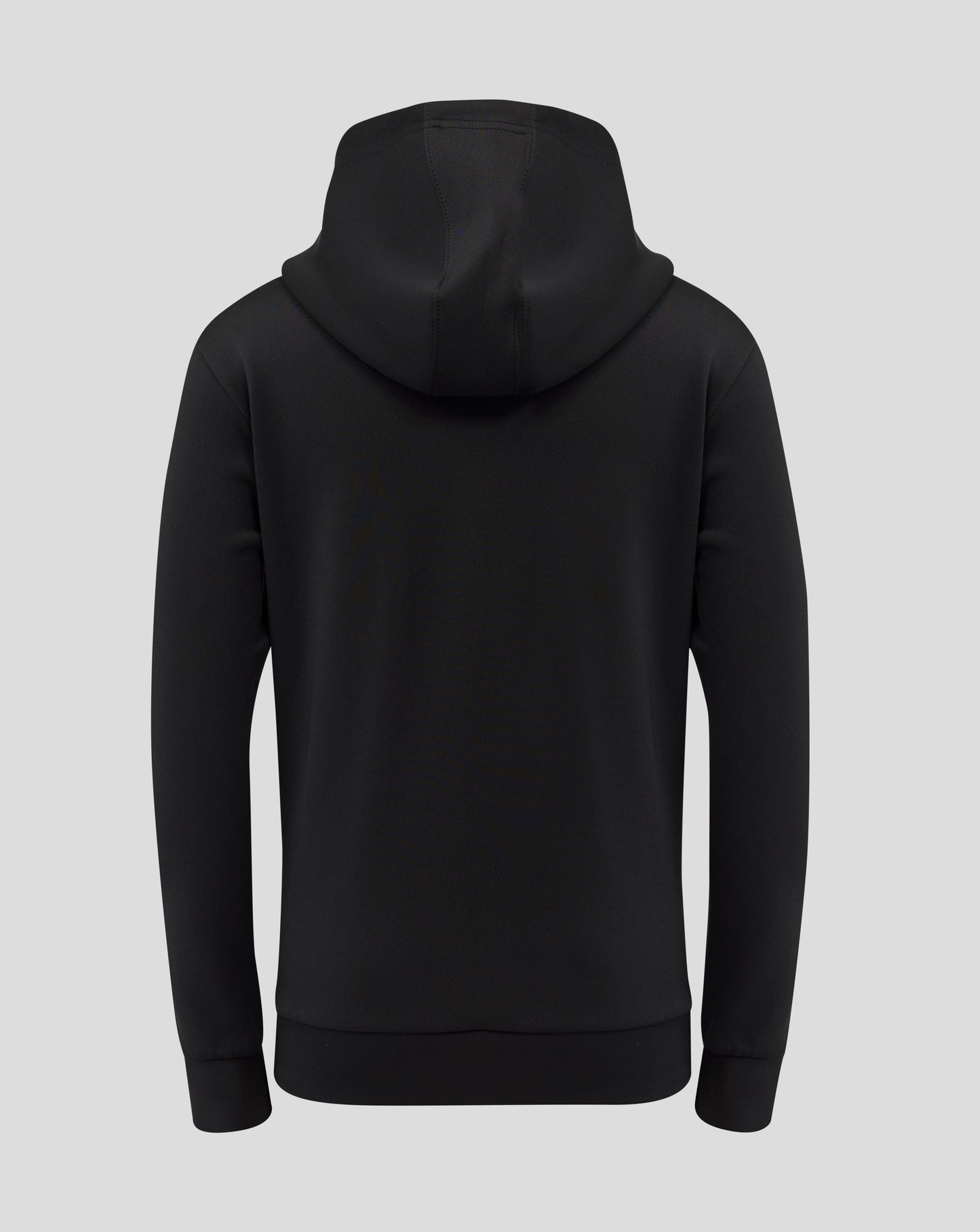 Back view of black Junior Overhead Hoodie with hood up.