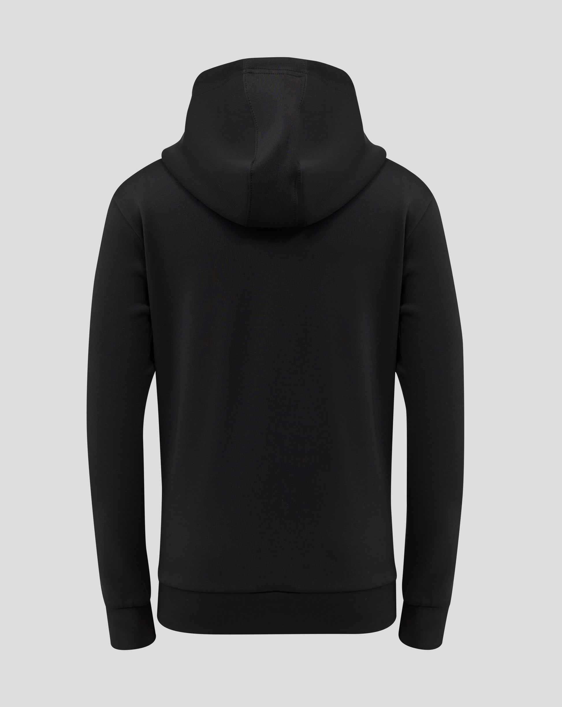 Back view of black Junior Overhead Hoodie with hood up.