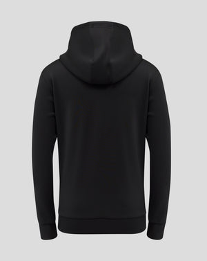 Back view of black Junior Overhead Hoodie with hood up.