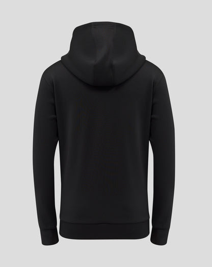 Back view of black Junior Overhead Hoodie with hood up.