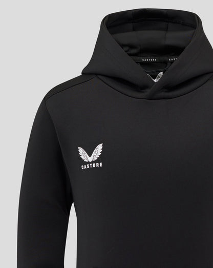 Black hoodie chest with white Castore logo and wing emblem.