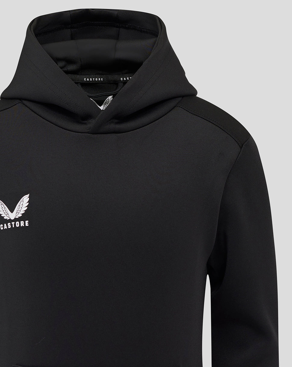 Close-up of black hoodie upper chest showing white wing logo and Castore branding.