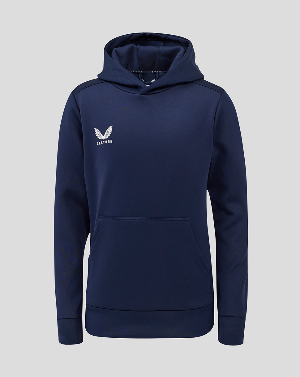 Navy peacoat juniors overhead hoodie with white Castore logo on the left chest and front kangaroo pocket.