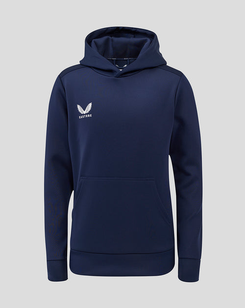 Navy peacoat juniors overhead hoodie with white Castore logo on the left chest and front kangaroo pocket.