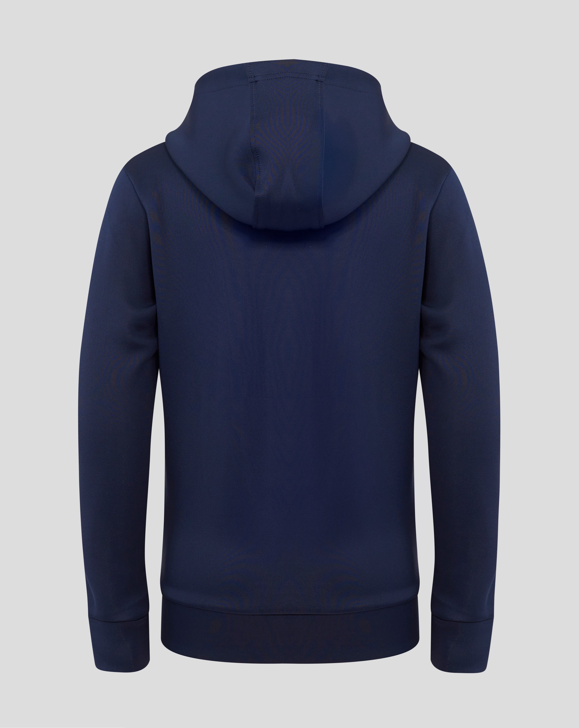Back view of navy peacoat juniors hoodie with hood up.