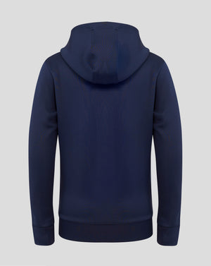 Back view of navy peacoat juniors hoodie with hood up.