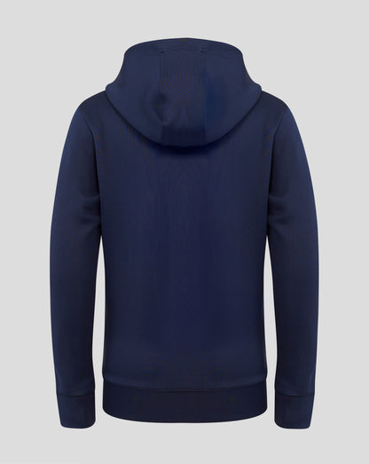 Back view of navy peacoat juniors hoodie with hood up.
