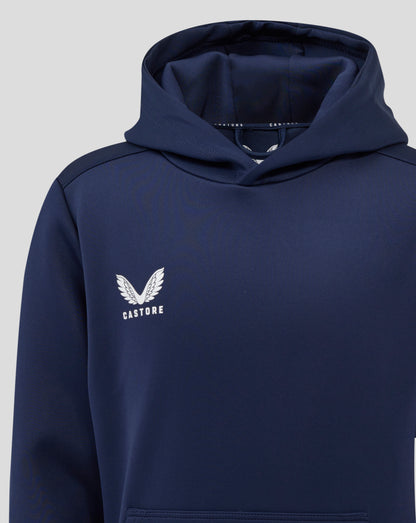 Navy peacoat hoodie with Castore logo on the chest and hood visible.