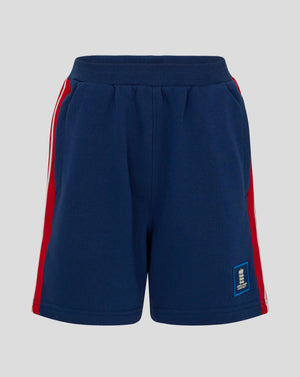 Back view of navy England Cricket Classic shorts for men with elastic waistband and crest patch