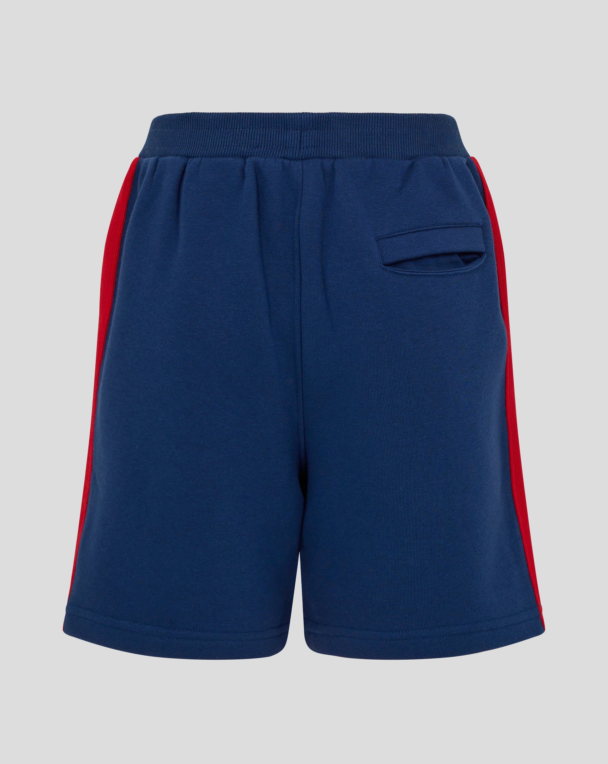 Back view of navy England Cricket Junior shorts with elastic waistband and rear pocket