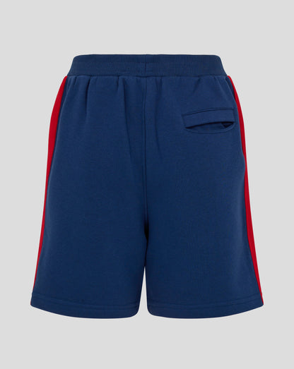 Rear view of navy shorts showing a red side stripe and back pocket