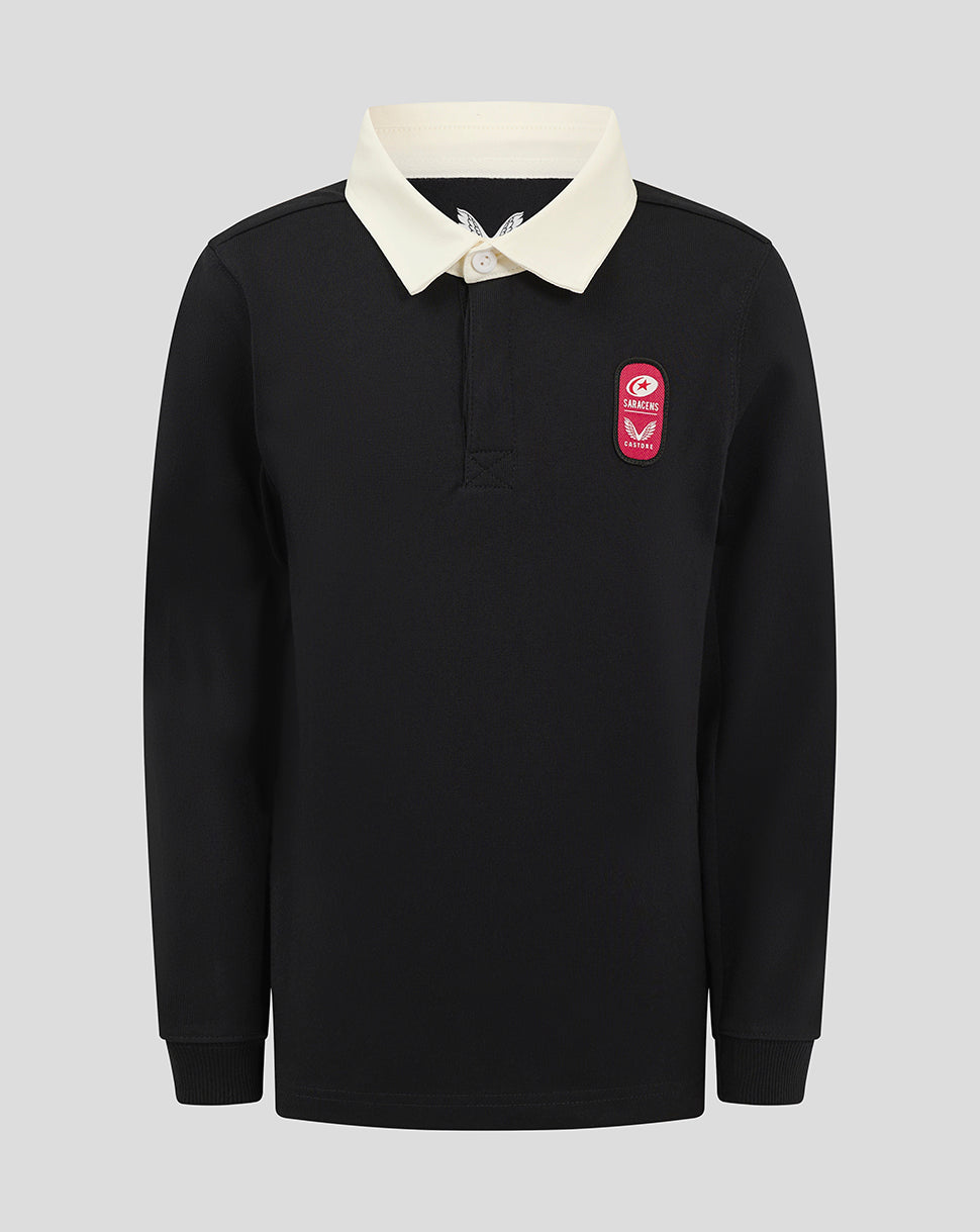 Front view of black Saracens junior rugby jersey with white collar and crest on the chest