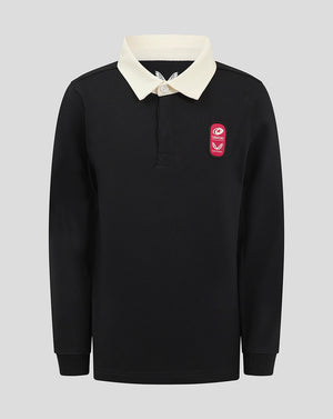 Front view of black Saracens junior rugby jersey with white collar and crest on the chest