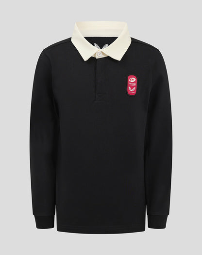 Front view of black Saracens junior rugby jersey with white collar and crest on the chest
