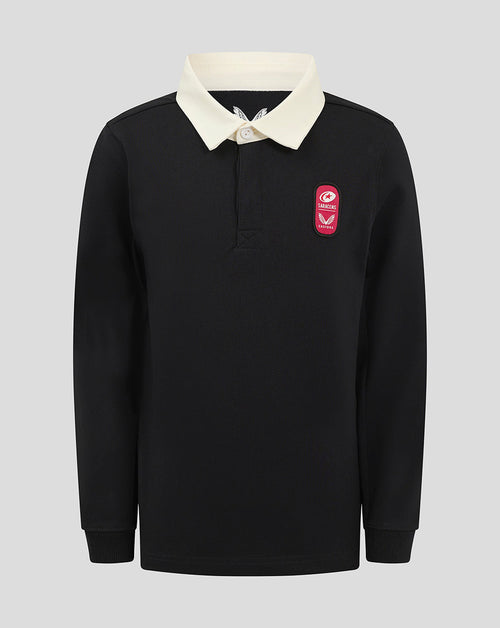 Front view of black Saracens junior rugby jersey with white collar and crest on the chest