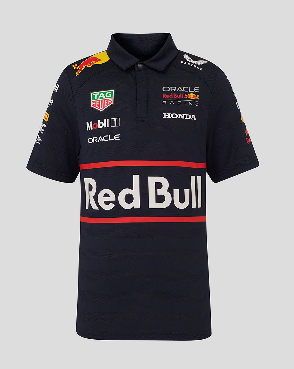 Front view of navy Oracle Red Bull Racing junior polo shirt with large Red Bull logo and sponsor decals