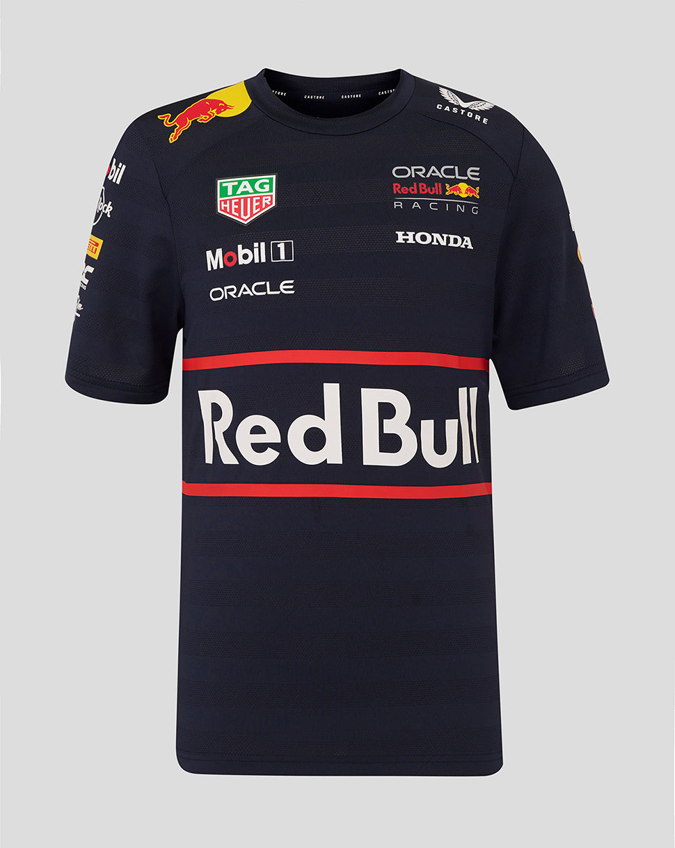 Front view of night sky navy Oracle Red Bull Racing junior Teamline Set Up T Shirt featuring a large Red Bull logo and sponsor graphics across the chest.