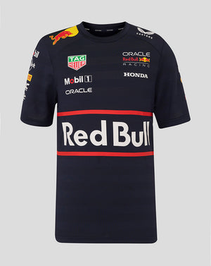 Front view of night sky navy Oracle Red Bull Racing junior Teamline Set Up T Shirt featuring a large Red Bull logo and sponsor graphics across the chest.