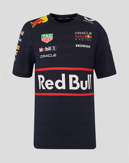 Front view of night sky navy Oracle Red Bull Racing junior Teamline Set Up T Shirt featuring a large Red Bull logo and sponsor graphics across the chest.