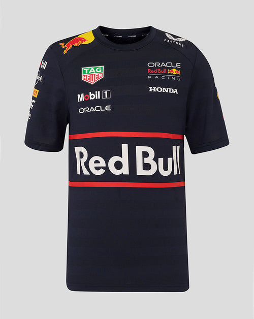 Front view of night sky navy Oracle Red Bull Racing junior Teamline Set Up T Shirt featuring a large Red Bull logo and sponsor graphics across the chest.