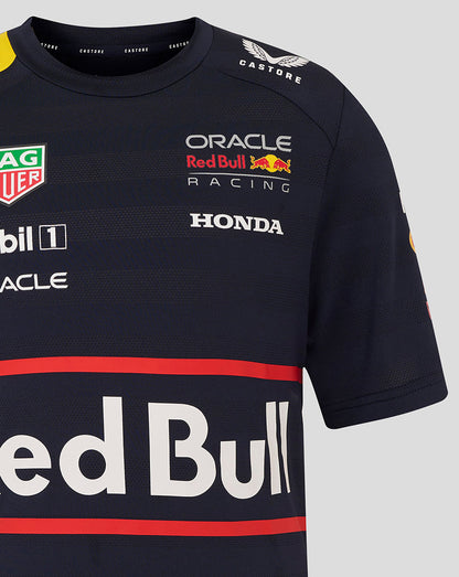 Shoulder view of navy team shirt showing Castore branding and sponsor logos including TAG Heuer Mobil Oracle Red Bull Racing Honda